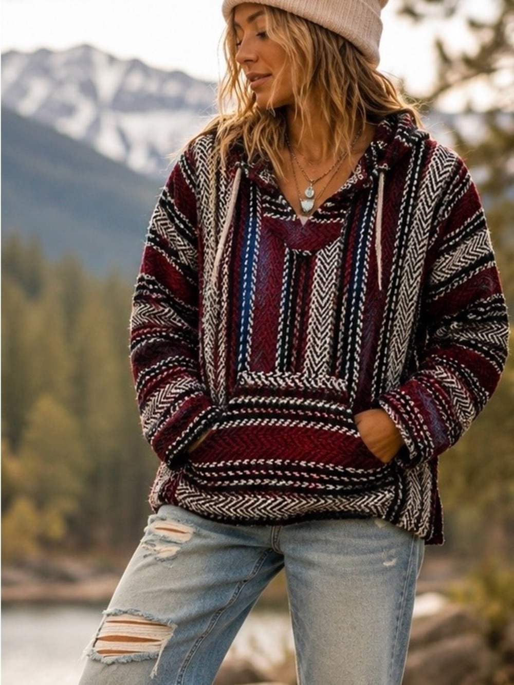 Earth Ragz Baja Hoodie Small Red Black White Striped